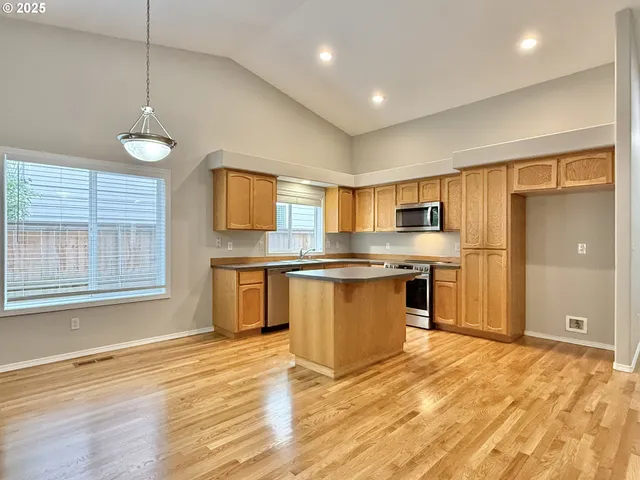 a kitchen with stainless steel appliances granite countertop a stove a sink dishwasher a refrigerator and a microwave oven with wooden floor