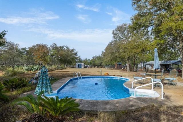 a backyard of a house with plants and large tree