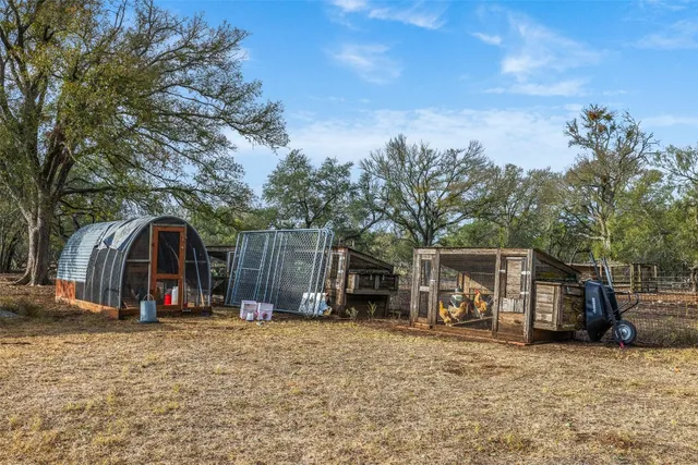 a view of a outdoor space with patio and trees