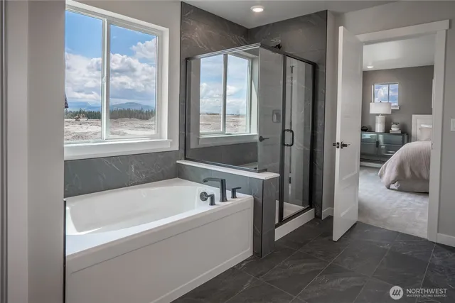 a bathroom with a bathtub and a shower