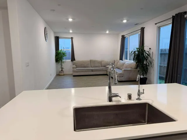 a living room with furniture and a potted plant