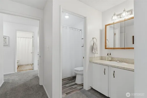 a bathroom with a toilet sink and mirror
