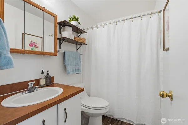 a bathroom with a sink toilet and mirror