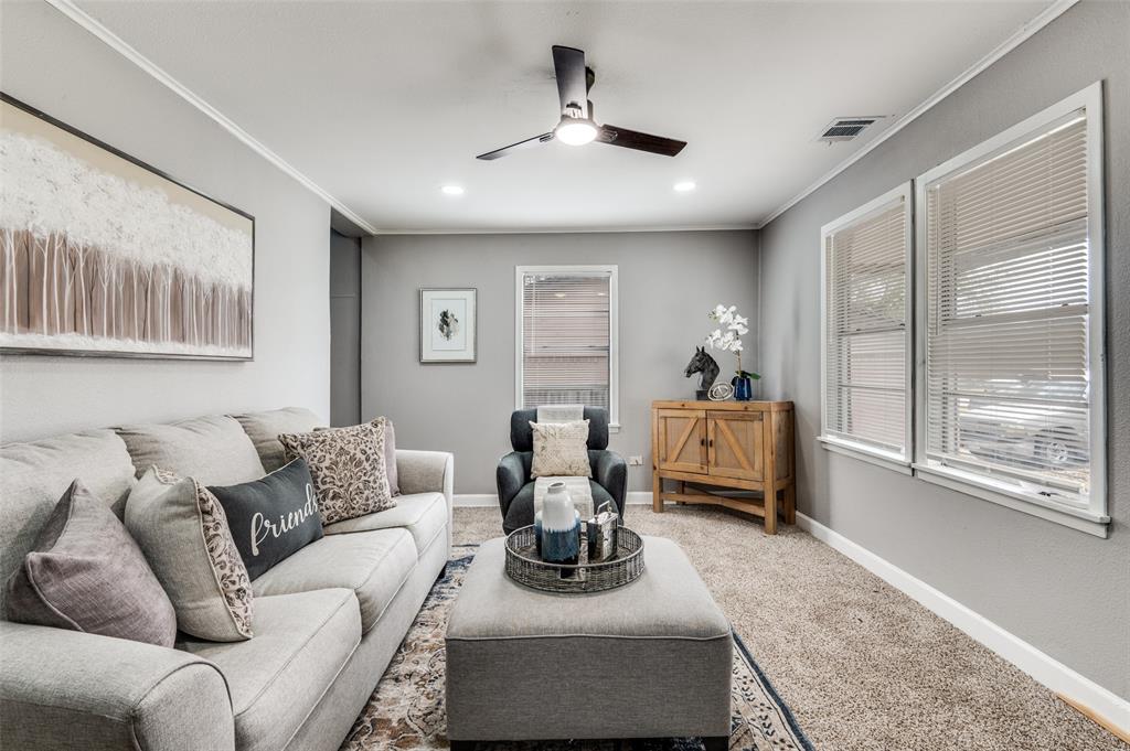 421 West 8th Street Lancaster, TX 75146 - Photo 5 of 28 Living area featuring recessed lighting, a ceiling fan, crown molding, and light gray wall tones