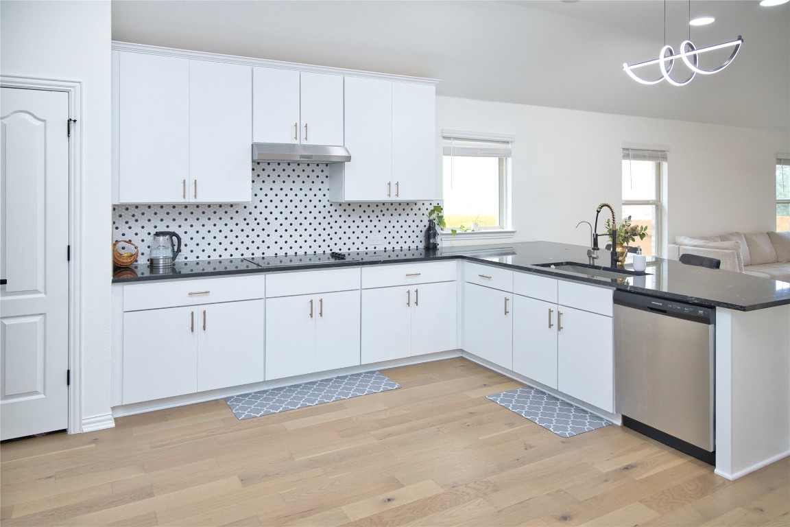 1209 Cole Ests Drive Georgetown, TX 78628 - Photo 32 of 33 Kitchen featuring white cabinets, dishwasher, open floor plan, light wood-style floors, and under cabinet range hood