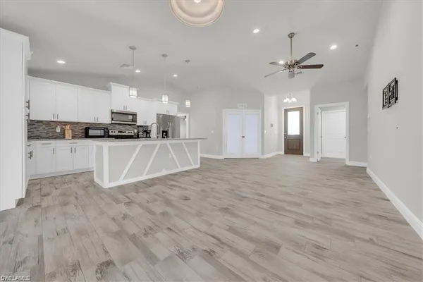 a view of a garden with a building