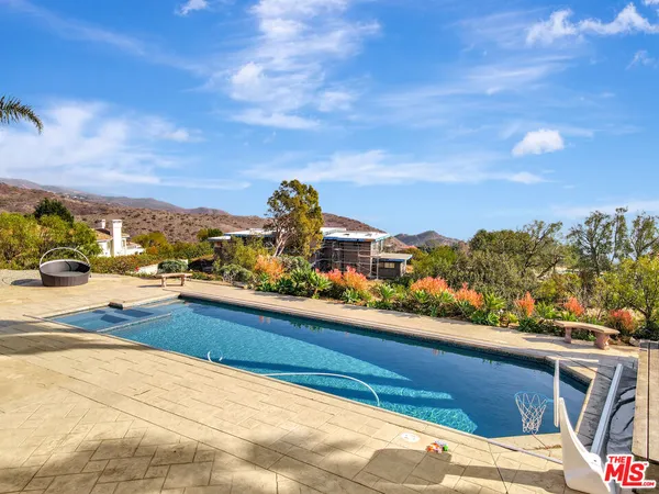 a view of a swimming pool with a yard