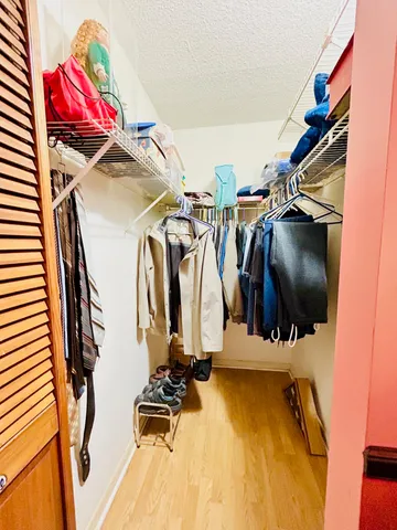 a view of walk in closet with clothes and shoes