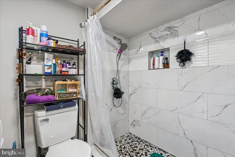 a bathroom with a toilet and a shower