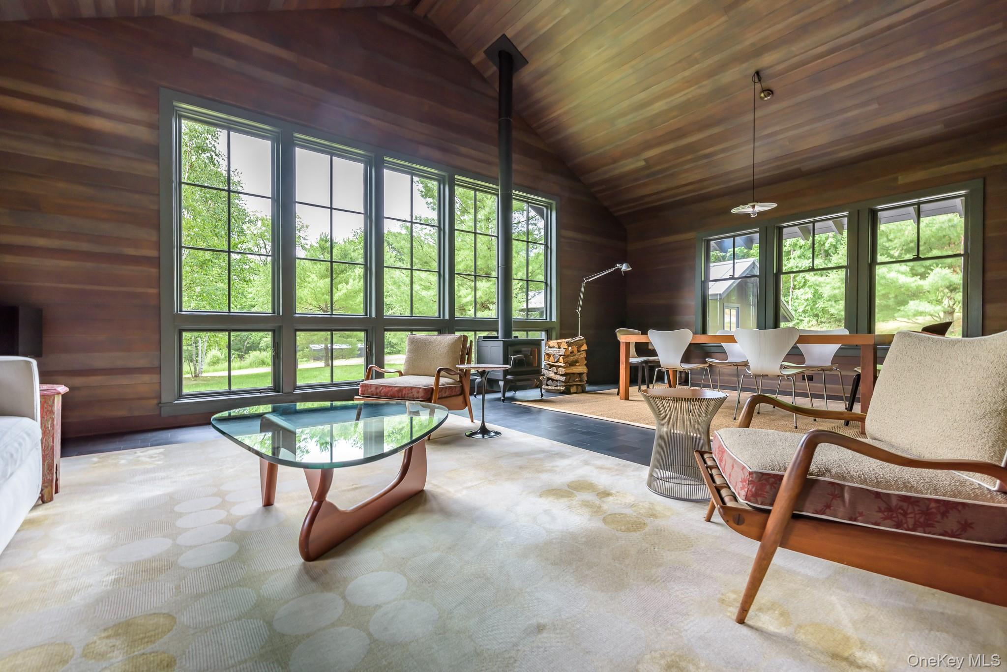 890 Bald Mountain Road Austerlitz, NY 12017 - Photo 22 of 28 Living area featuring wooden walls, wooden ceiling, and vaulted ceiling