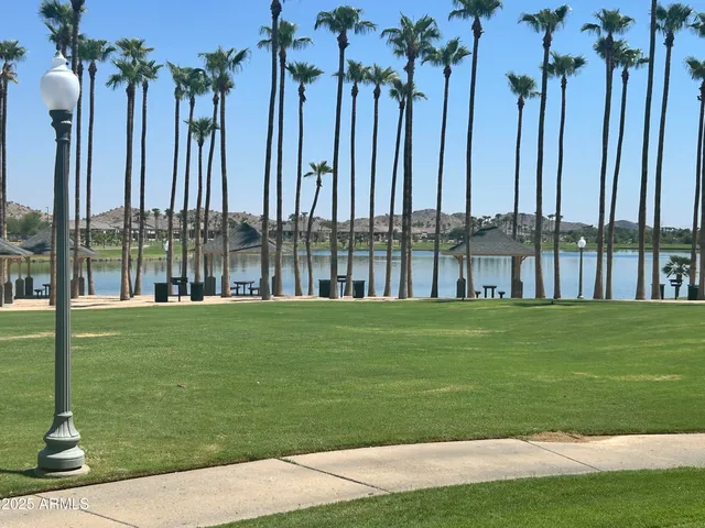 a front view of a garden with trees