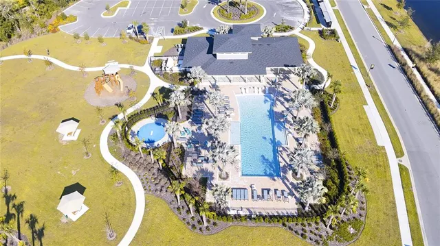 an aerial view of a swimming pool