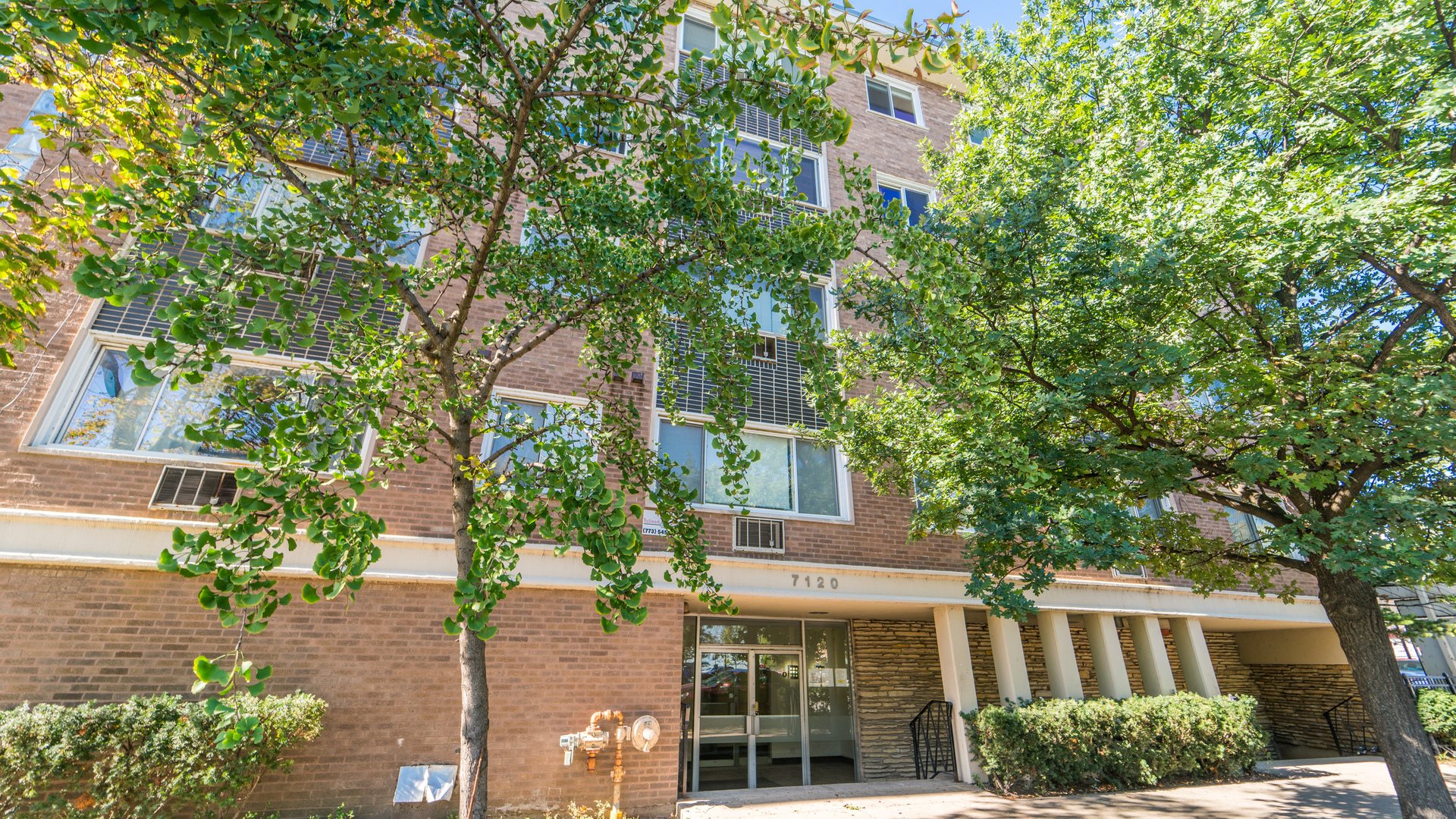 a front view of a residential houses with yard and trees