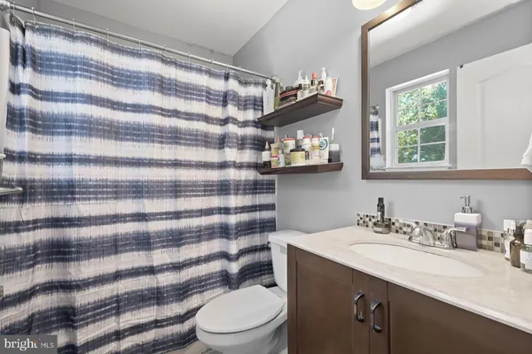 a bathroom with a sink a toilet and shower curtain