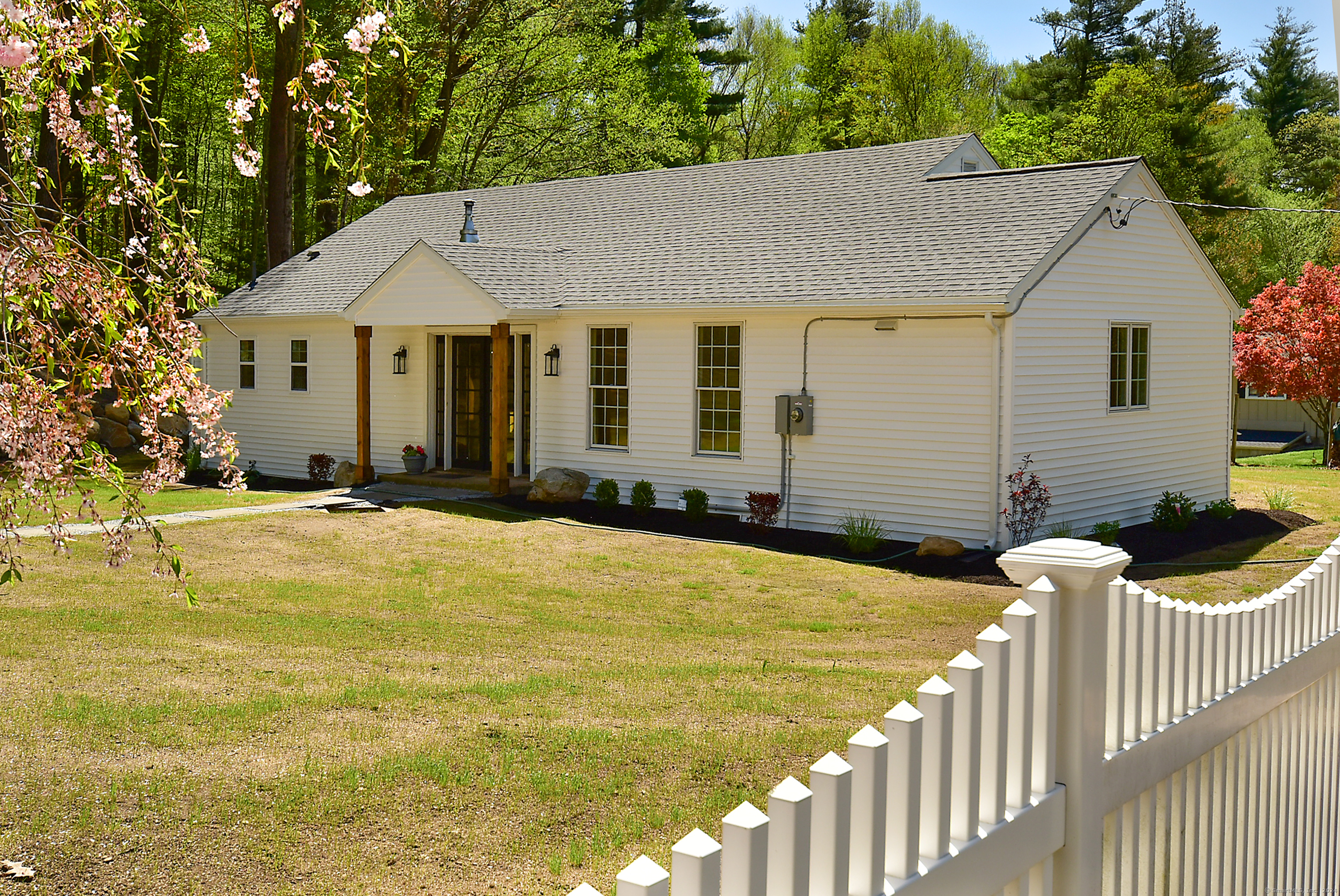 a view of a house with backyard and a tree