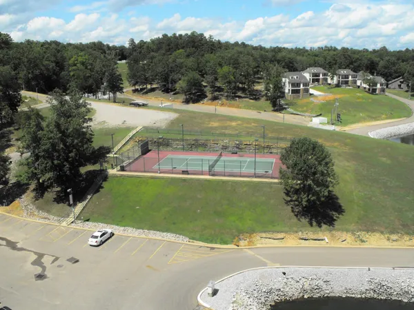 an aerial view of residential houses with outdoor space and trees