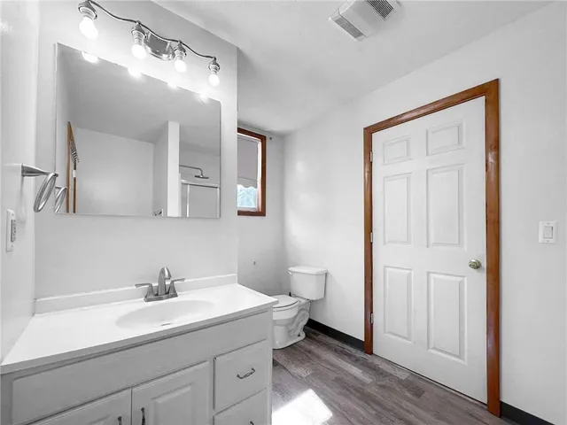 a bathroom with a sink a toilet and a mirror