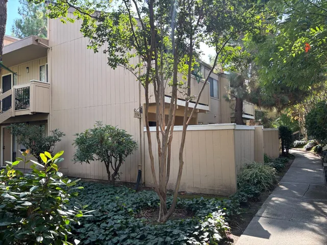 a view of a house with large trees and plants