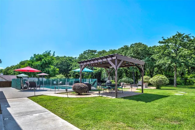 a swimming pool with outdoor seating yard and barbeque oven