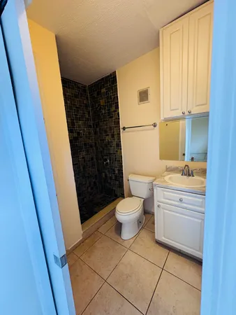 a bathroom with a shower toilet and sink
