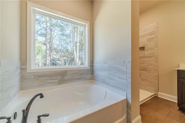 a bathroom with a bathtub and shower