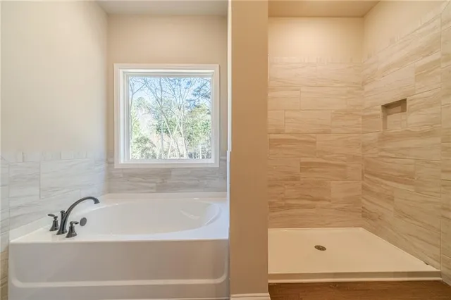 a bathroom with a bathtub