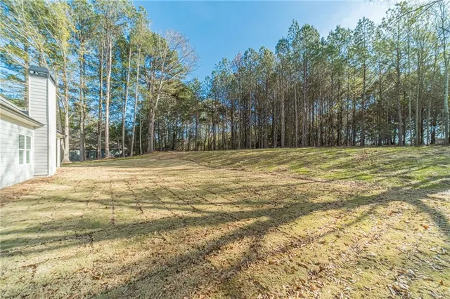 a view of a field with trees in front of it