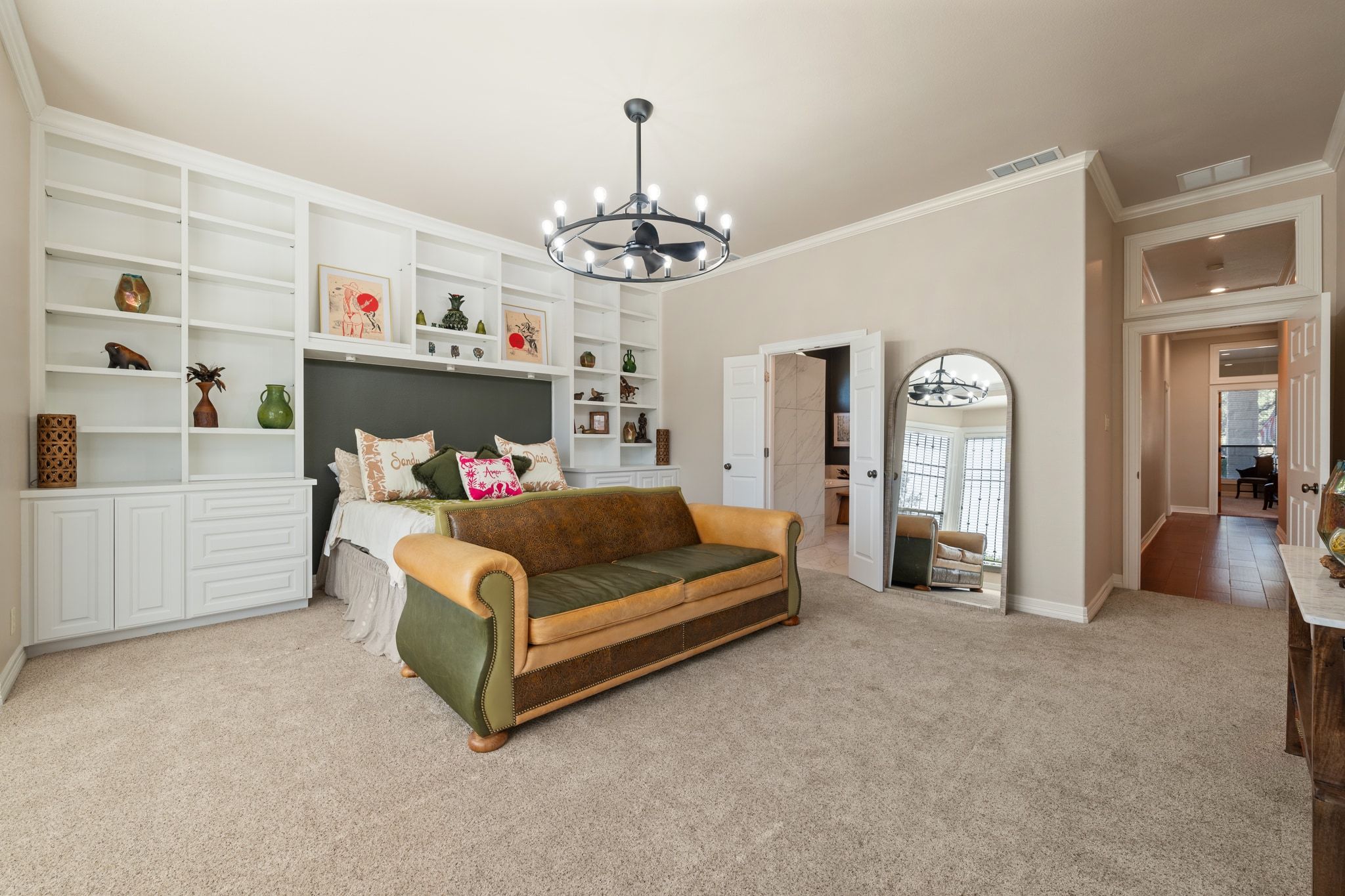 185 Shimmering Shore Court Spring Branch, TX 78070 - Photo 16 of 36 Bedroom featuring a chandelier, carpet floors, and ornamental molding