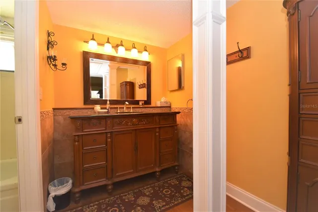 a bathroom with a sink and a mirror