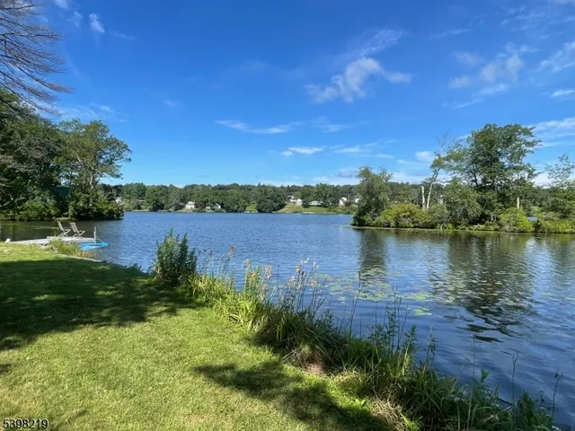 a view of a lake with houses in the back