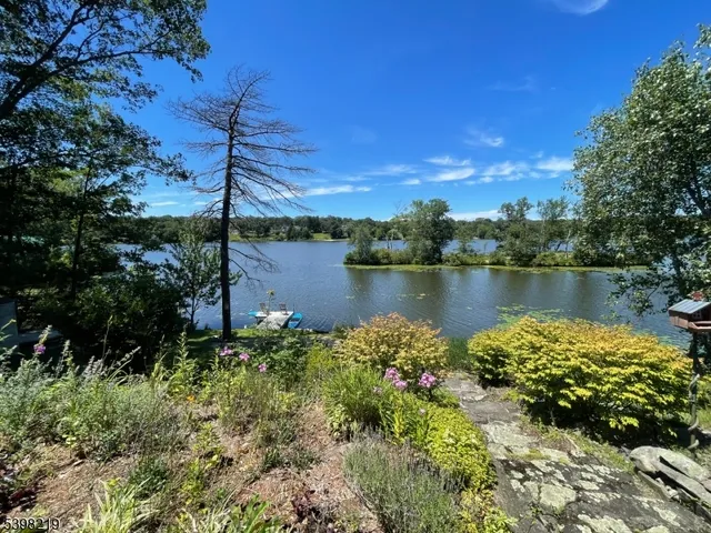 a view of a lake with houses in back