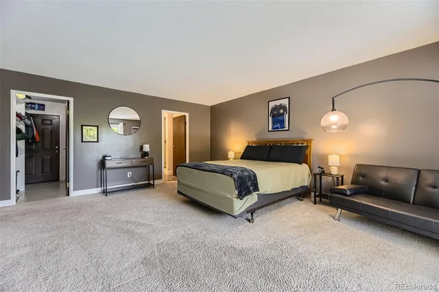 a spacious bedroom with a bed and furniture