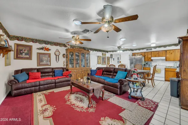 a view of a dining room with furniture