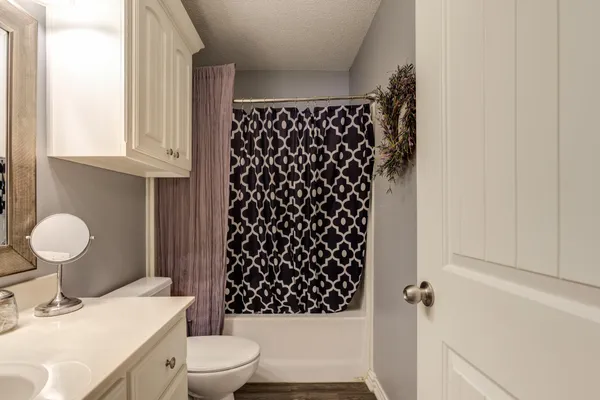 a bathroom with a sink toilet and shower