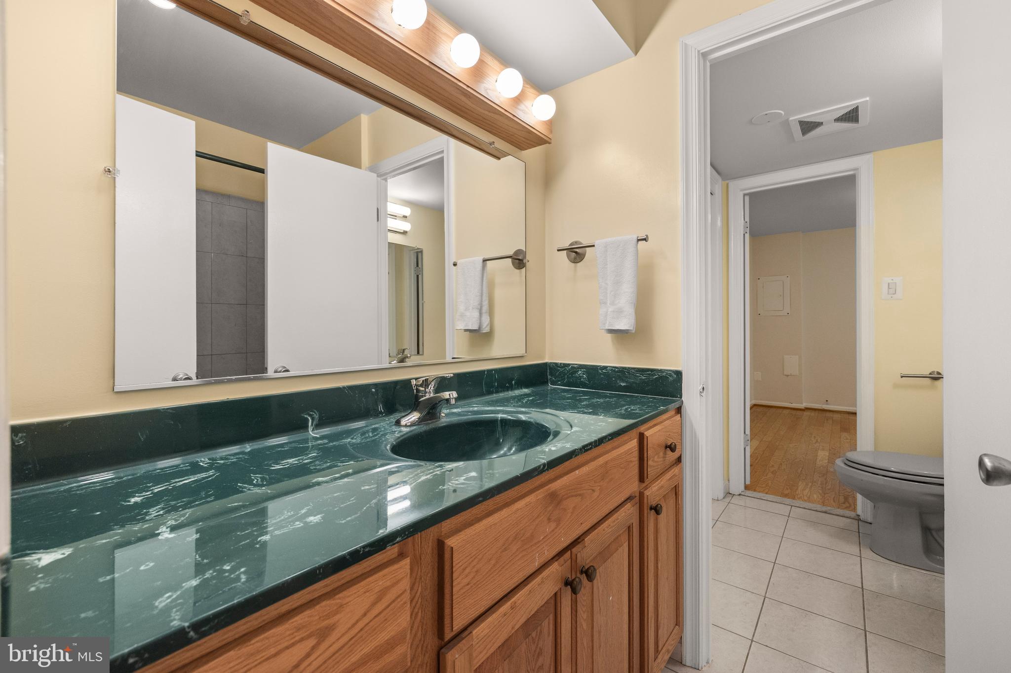11110 Saffold Way Reston, VA 20190 - Photo 39 of 57 a bathroom with a granite countertop sink a toilet and a mirror