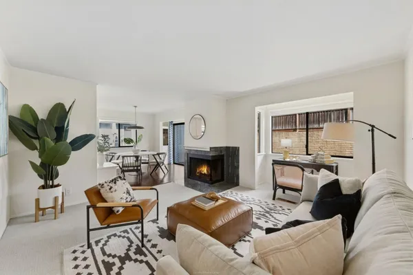 a living room with furniture a fireplace and a potted plant