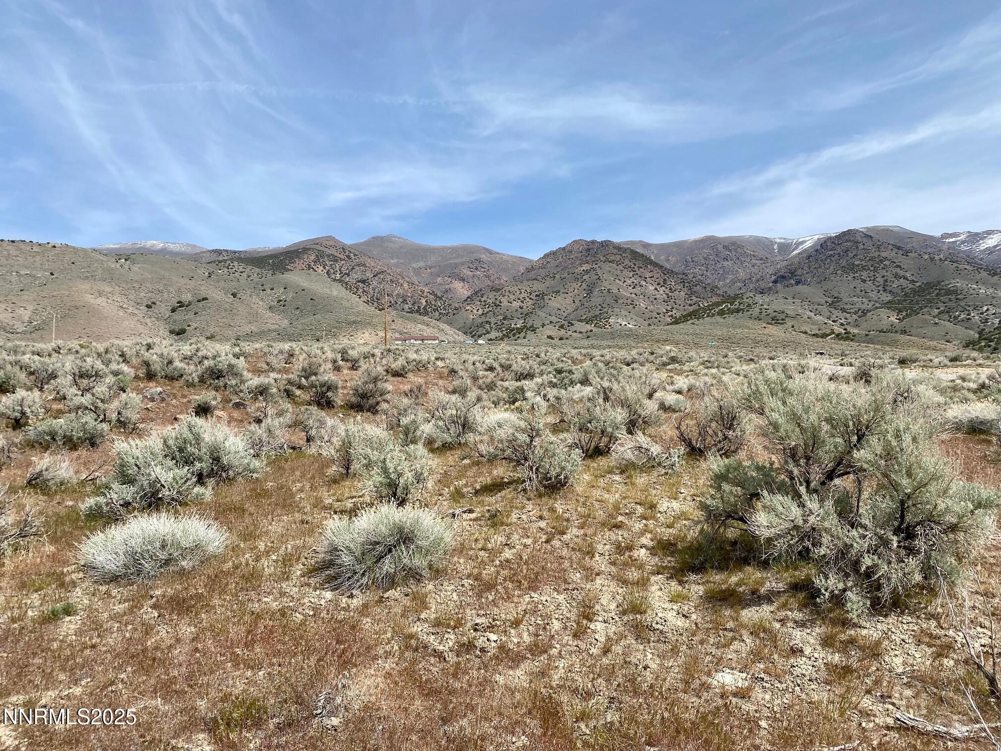 a view of a dry field with mountains in the background