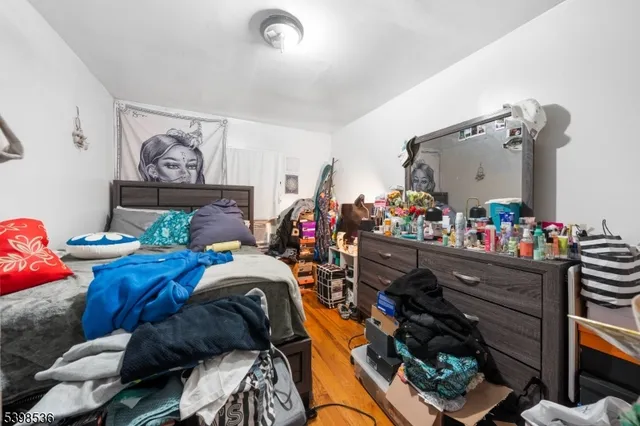 a bed room with a bed and a table