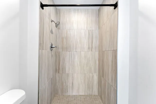 a bathroom with a shower curtain and a toilet