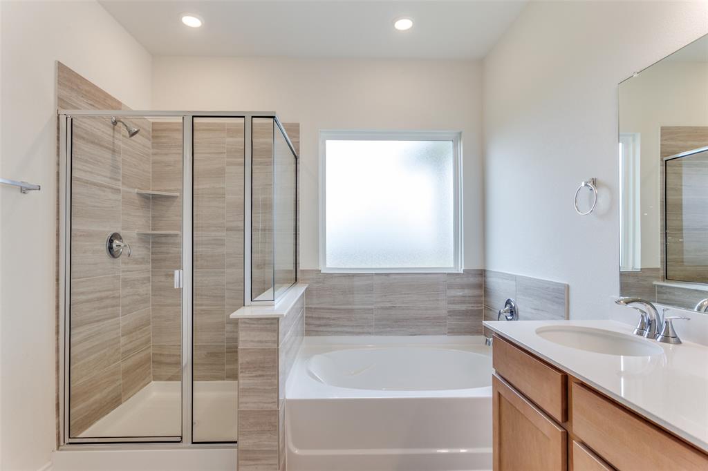 649 Fallbrook Drive Aledo, TX 76008 - Photo 11 of 30 a bathroom with a granite countertop sink a mirror and a bathtub