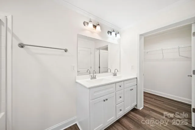 a bathroom with a double vanity sink a mirror and a shower