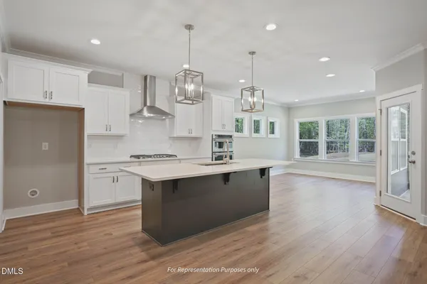 a large kitchen with kitchen island a sink stainless steel appliances and wooden floor