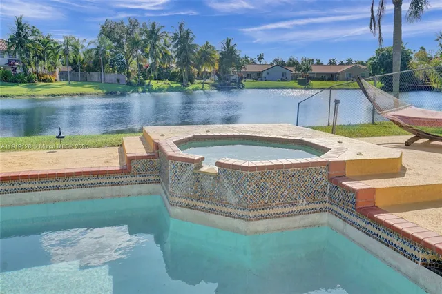 a view of a swimming pool with a yard