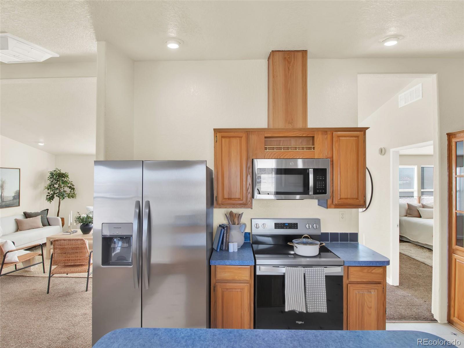 7798 Richard Avenue Fort Lupton, CO 80621 - Photo 11 of 45 a kitchen with stainless steel appliances a stove a refrigerator and a fireplace