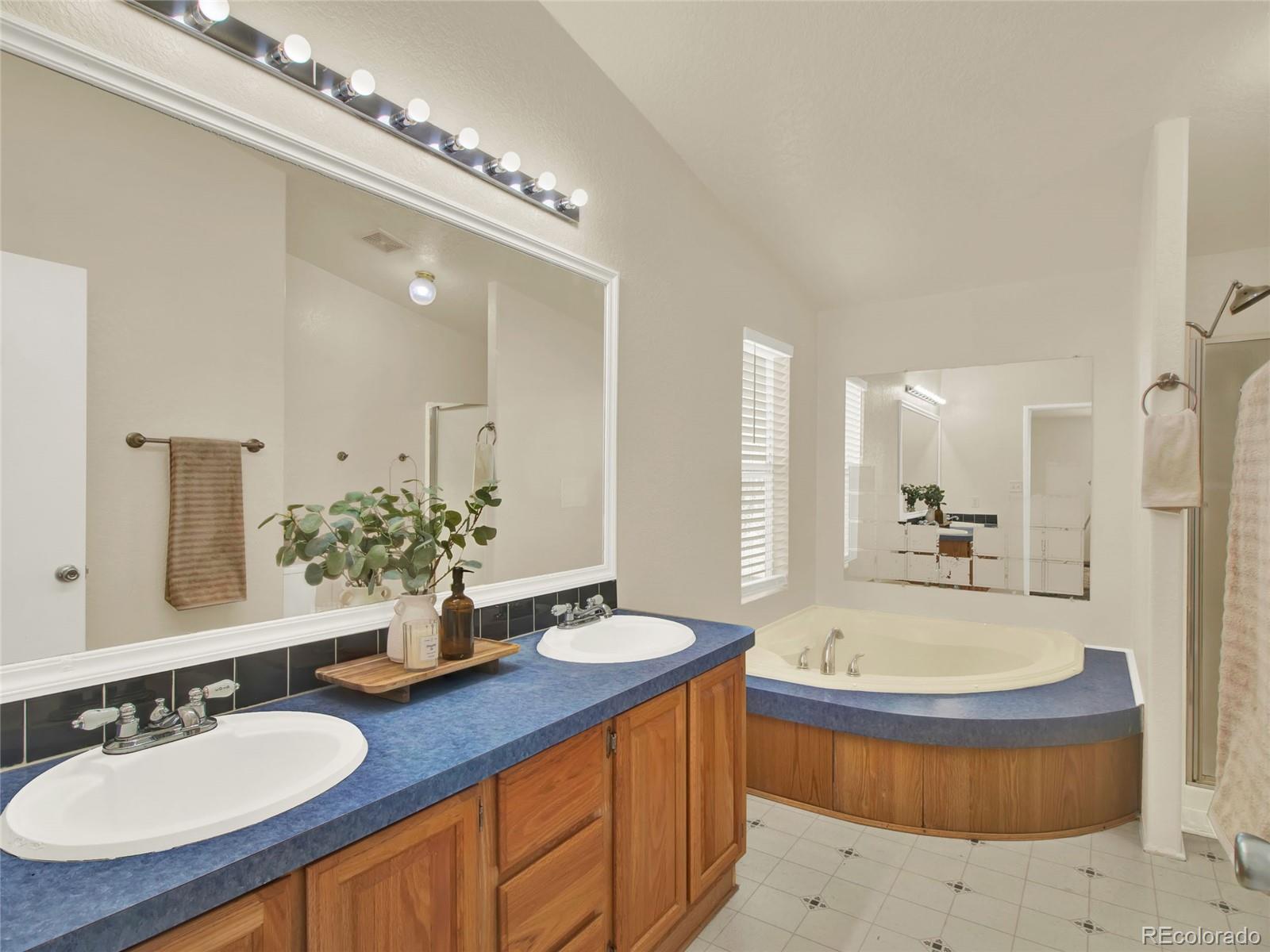 7798 Richard Avenue Fort Lupton, CO 80621 - Photo 20 of 45 a bathroom with a granite countertop double vanity sink a mirror and a bathtub