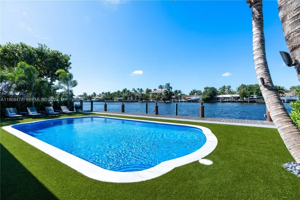 a view of a swimming pool with a yard