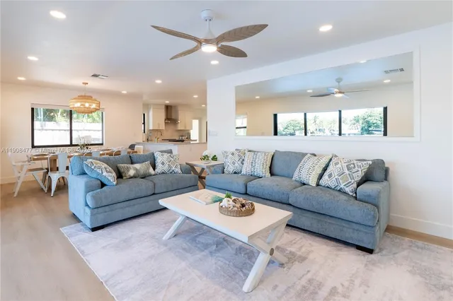 a living room with furniture and a large window