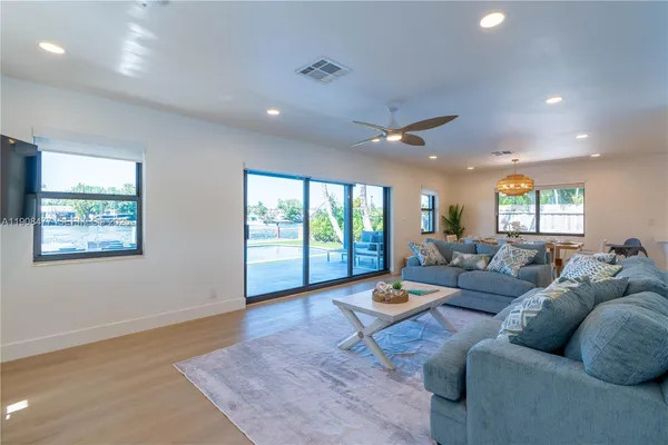 a living room with furniture and a large window