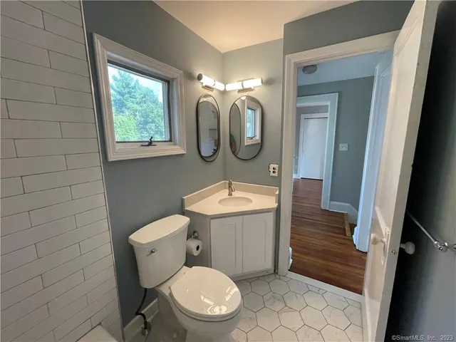 a bathroom with a toilet a sink and mirror