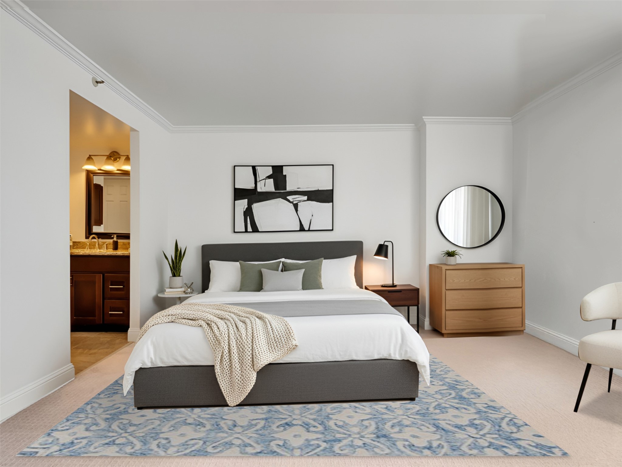 3525 Sage Road, Unit 1210 Houston, TX 77056 - Photo 8 of 20 Spacious bedroom with modern decor, featuring a cozy bed, stylish nightstands, and an en-suite bathroom for added convenience.